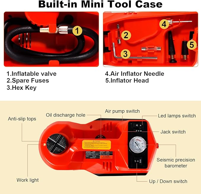 TYAYT 5 Ton Electric Hydraulic Car Jack Kit, Portable with LED Light, Compatible with Car, SUV, Truck, Lifting Range 6-17.7 Inches (Red)
