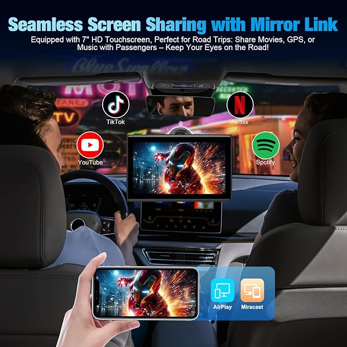 7" Portable Wireless CarPlay Screen for Car – Apple CarPlay & Android Auto, HD Touch Screen Car Stereo, Bluetooth, GPS Navigation, Voice Control, Plug-and-Play with FM/AUX/Mirror Link (Black)