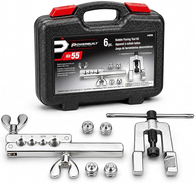 Powerbuilt ISO Bubble Flaring Tool Set for Hydraulic Brake Lines, 6 Piece Car Service Kit, Yoke, T-Handle, Adapters, Storage Case - 648990