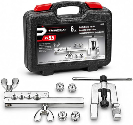 Powerbuilt ISO Bubble Flaring Tool Set for Hydraulic Brake Lines, 6 Piece Car Service Kit, Yoke, T-Handle, Adapters, Storage Case - 648990