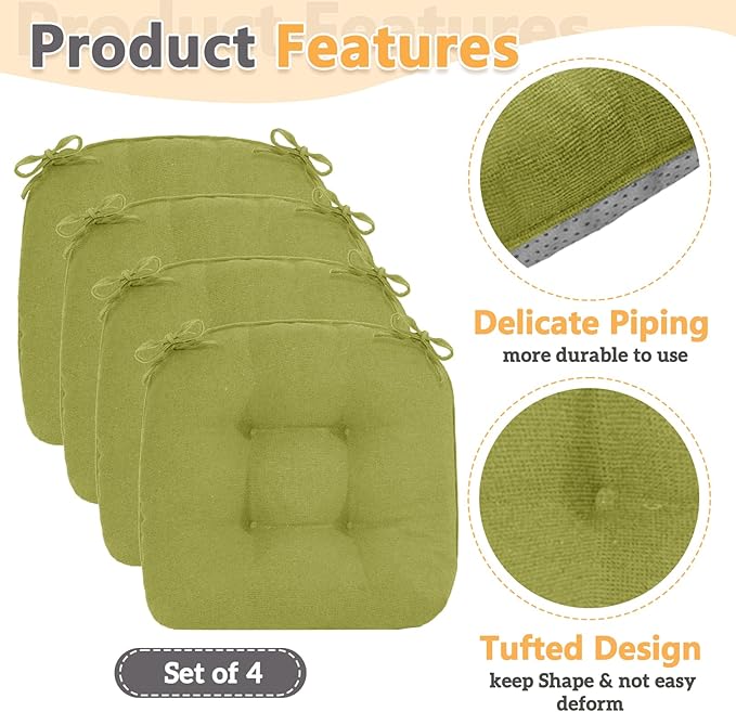 MAGIC ELEPHANT Chair Cushions for Dining Chairs, Memory Foam Kitchen Chair Cushions Set of 4, Non-Slip Thick Dining Room Chair Pads Seat Cushions, 15.5" x 15.5" x 4" (Sage Green)