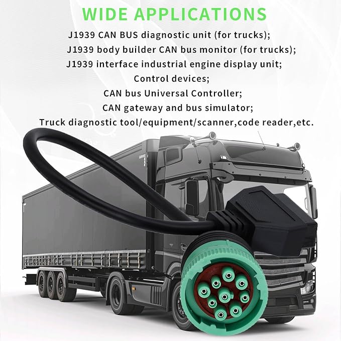 J1939 Adapter Cable for Heavy Duty Trucks and Commercial Vehicles,Green Type 2 J1939 Male to 16pin OBD2 Female Cable,9 Pin to OBD2 Adapter Connector Work with OBD Scanner for Diesel Trucks