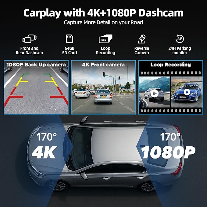 Volam 9.26'' Carplay Screen for Car with 4K Dash Cam, Compatible with Apple Carplay & Android Auto, Carplay with 1080p Backup Camera, Mirror Link, Loop Recording, GPS Navigation
