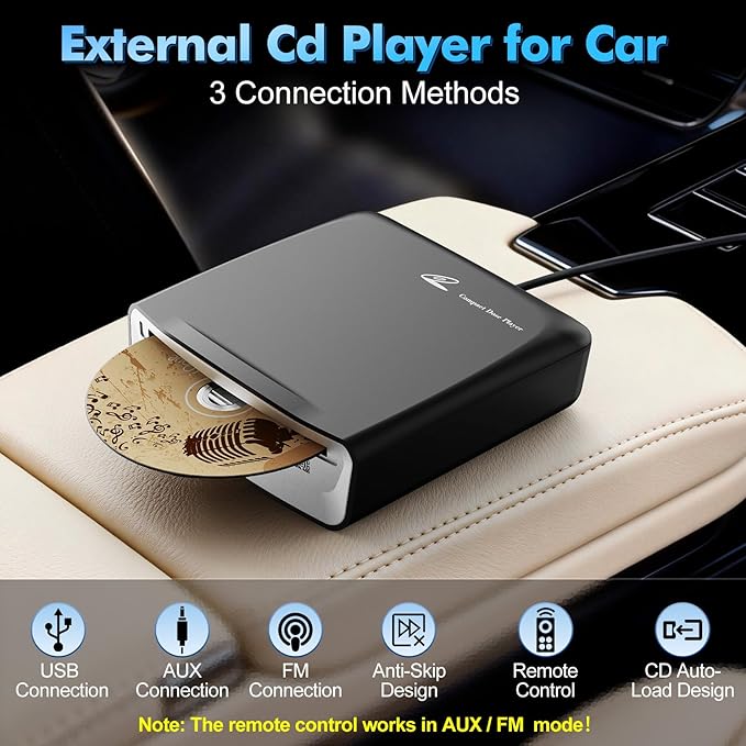 Lehwey USB CD Player for Car, External Car Cd Players with AUX & FM Transmitter, Portable CD Player for Cars Without CD Drive, Anti-Skip, Remote Control, Works with Most Cars, SUVs, Trucks
