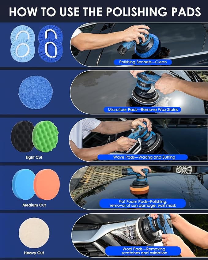 Cordless Polisher 2x2000mAh 21V Batteries,21pcs Attachments & 6 inch Car Buffer Polisher for Car Detailing 6 Variable Speed to 4500OPM Car Buffers and Polishers Kit for Polishing/Waxing