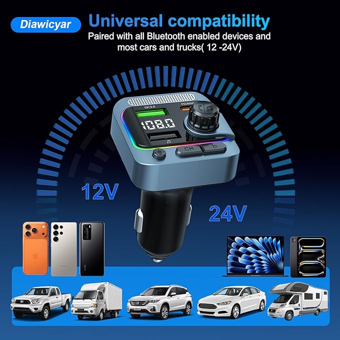 FM Transmitter Bluetooth Car Adapter - 63W Wireless Radio FM Bluetooth Transmitter with Deep Bass Player for Old Cars [PD 45W & QC3.0], Car Charger USB C Fast Charge, Hands-Free Calling, Blue