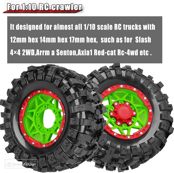 1/10 Scale RC Truck Tires,Wheels and Tires w/12/14/17MM Hex for Rustler Stampede Hoss,Arrm a Granite Vorteks Big Rock 3S,1/10 Off Road Tires Rubber Truck Tyres w/Foam Insert,Green w/Red