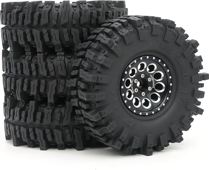 HOBBYSOUL 1.9 Beadlock Wheels and Tires Set 120mm Soft Sticky Mud slingers 1.9 Tires Wheels Black Rims for 1/10 rc Crawler Traxxas TRX4 Axial SCX10, (4 Pack)