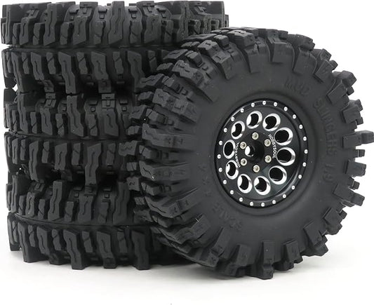 HOBBYSOUL 1.9 Beadlock Wheels and Tires Set 120mm Soft Sticky Mud slingers 1.9 Tires Wheels Black Rims for 1/10 rc Crawler Traxxas TRX4 Axial SCX10, (4 Pack)