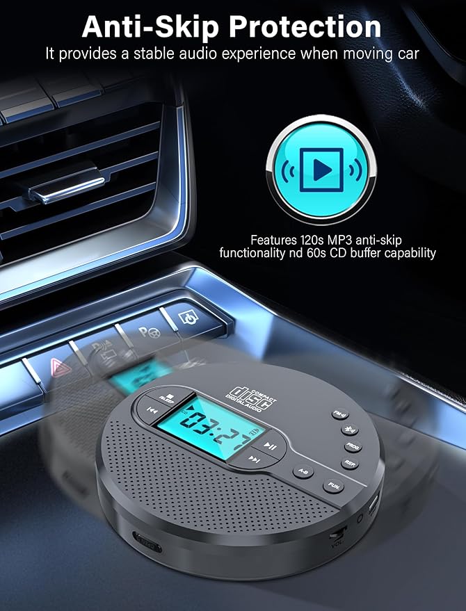 Portable CD Player with 2000mAh Rechargeable Battery-Bluetooth Connect CD Player with 3.5mm Headphones Jack,FM Transmitter,LCD Screen,AUX,Built-in Speaker,USB MP3 Player, Anti-Shock Protection for Car