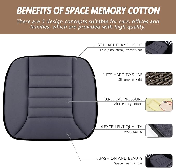 MYFAMIREA 2PCS Car Seat Cushion Pad 1.2" Thick Comfort Seat Protector for Car Driver Seat Office Chair Home Use Memory Foam Seat Cushion with Non Slip Bottom, 20'' x 18.5'', Dark Gray