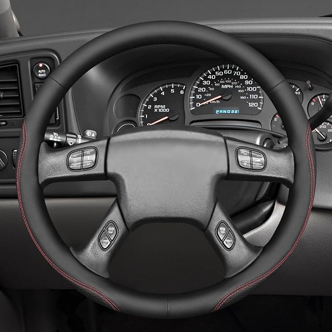 MEWANT Hand Stitch Steering Wheel Cover for Chevy Silverado 1500 2500 Black Smooth Perforated Faux Leather Steering Wrap