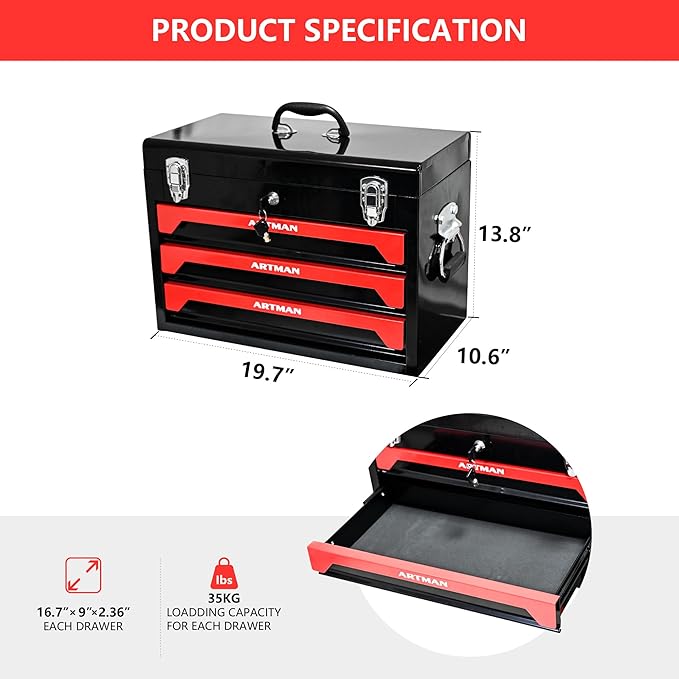 20" Portable 3 Drawer Steel Toolbox,Built in Tool Set,4 Layers of Tools with Metal Latches, with Top Storage Tray and carrying Handle, Multi-Function Tool Storage for Garage, Home,or Workbench