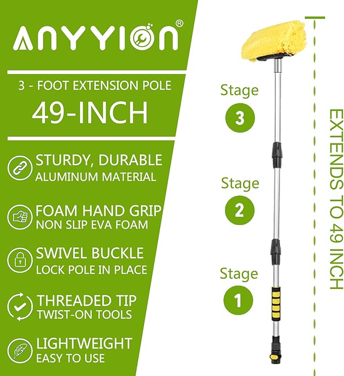 Anyyion 49inch Car Wash Brush with 10 Inch Soft Bristle, On/Off Switch for Car Truck Boat Washing Brush, Perfect for Cleaning House Siding, Auto Cars, Trucks, SUV, RV, Floors and More!