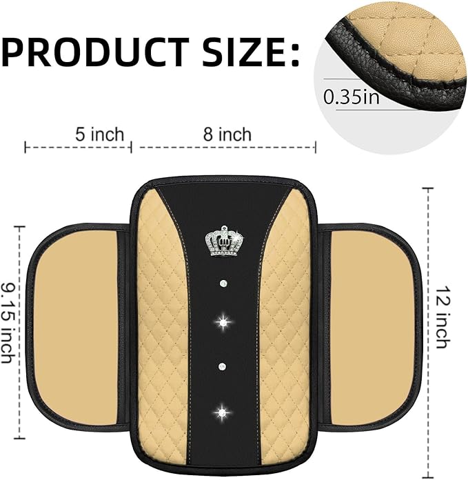 NBTEPEM 6 PCS Bling Car Accessories Set, Leather Steering Wheel Covers Universal 14.5-15 inch, Center Console Cover, Seat Belt Cushion, Cup Holder Coaster (Beige)