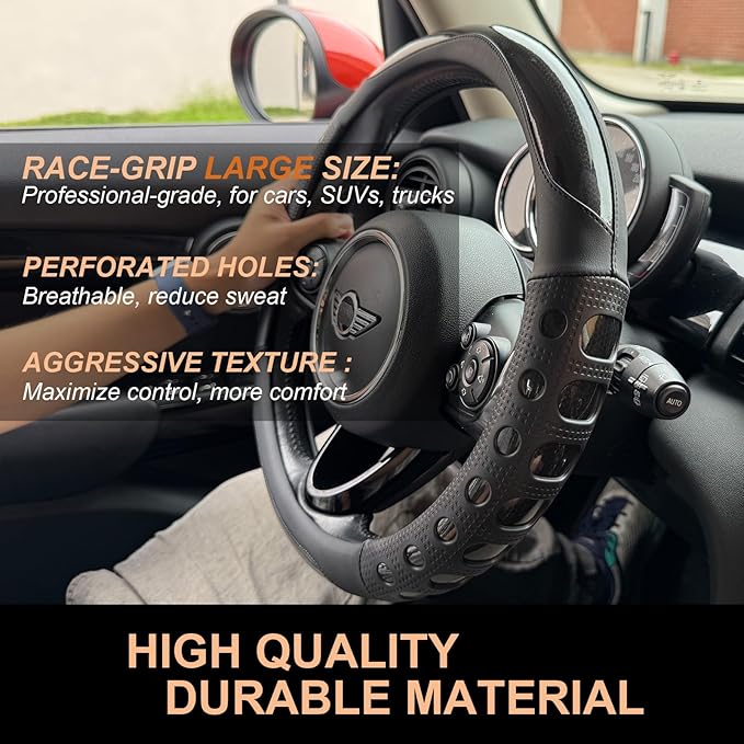 PINCTROT Large Size Race Grip Steering Wheel Cover, Anti Slip Silicone Perforated Design with Soft Touch Padding, Enhanced Grip for Sporty Driving 15.5-15.75 Inch (Racing Black)