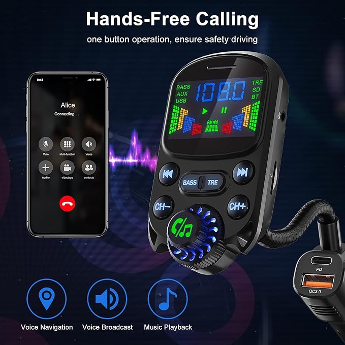 Bluetooth 5.3 FM Transmitter for Car SOARUN Bluetooth Car Adapter PD30W & USB Port Fast Charge, HiFi Treble & Bass Player, 1.6" Display Hands-Free Calling Truck Radio with AUX Input/Output, TF Card