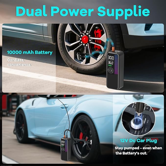 Tire Inflator Portable Air Compressor,150 PSI Cordless Air Pump, 12V DC Car Plug,Dual Power 10000mAh, Fast Inflation 24L/Min, 4 Preset Modes for Car, Bike, Motorcycle, Balls (Black, 10000mAh)