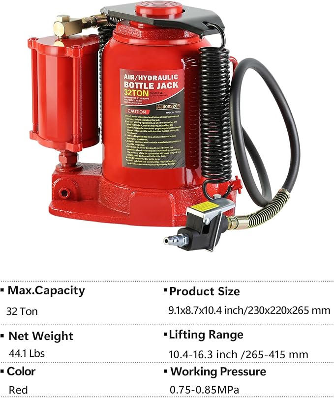 32 Ton Air Hydraulic Bottle Jack with Air-Powered or Manual Operation, One-Piece Hydraulic Cylinder Design, Air Bottle Jack with Independent Air Pump Body and Carry Handle