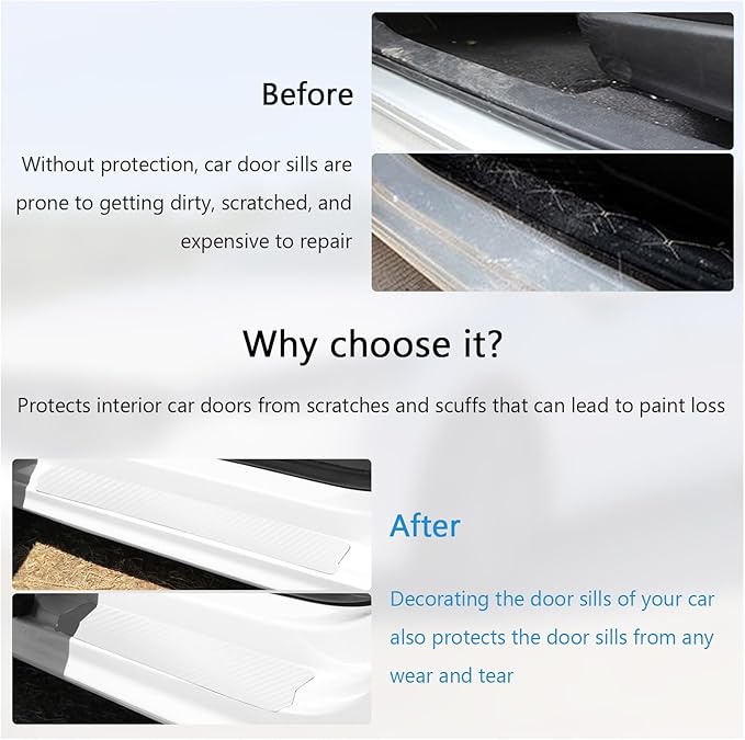 Dickno 4 PCS Car Door Sill Protector, 3D Carbon Fiber Auto Door Entry Edge Guard Protection Trim, Anti-Scratch Threshold Cover Strips, Sill Protection Sticker for Car SUV Truck (White)