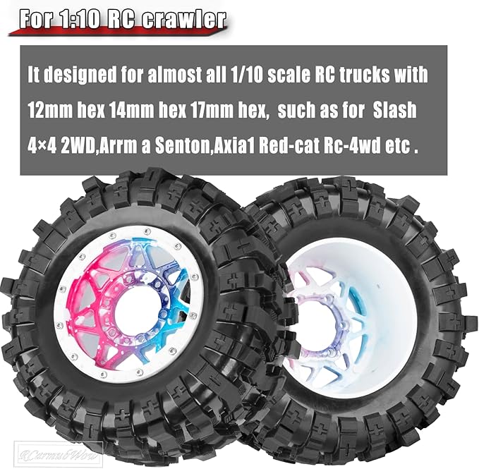 1/10 Scale RC Truck Tires,Wheels and Tires w/12MM/14MM Hex for Rustler Stampede Hoss, Granite Vorteks Big Rock 3S,1/10 Off Road Tires Rubber Truck Tyres w/Foam Insert,Multicolored