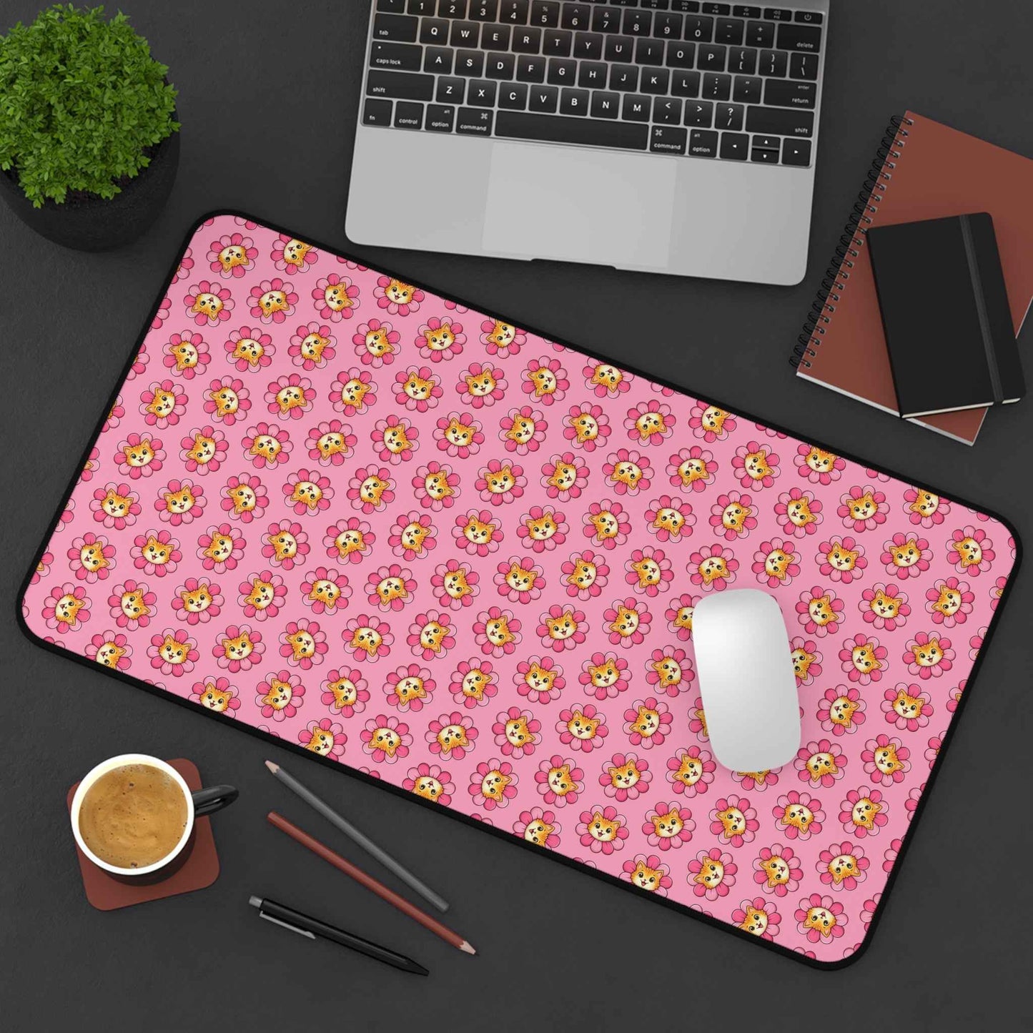 Blooming Chaos Pink Cat Pattern Desk Mat