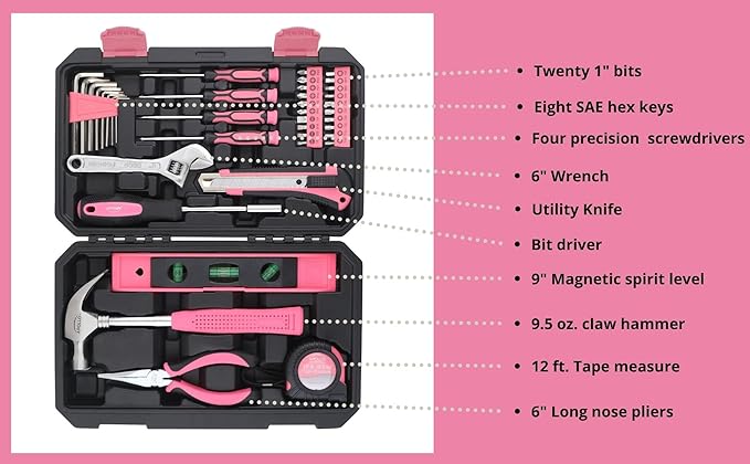 Apollo Tools 39 Piece General Household Tool Set in Toolbox Storage Case with Essential Hand Tools for Everyday Home Repairs, DIY and Crafts - Pink Ribbon - Pink - DT9711P
