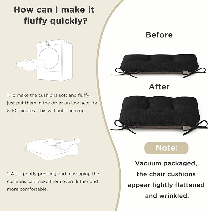 AddGrace Chair Cushions for Dining Chairs Set of 1 Kitchen Seat Cushions with Ties and Non Slip Backing Tufted Indoor Seat Pad for Kitchen Dining Room 18" x 17" x 3" Black