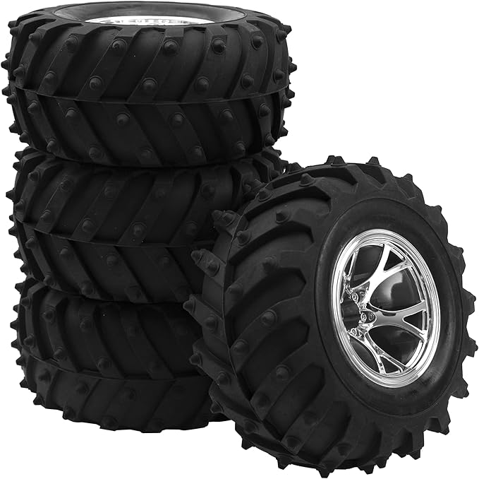 4.72''OD Rubber Tires & Wheel Rim 12mm Hex Hub Compatible with RedCat Volcano Traxxas Rustler HPI HSP Tamiya Exceed Himoto 1/10 Off-Road Monster Truck,120mmx56mm (Silver)
