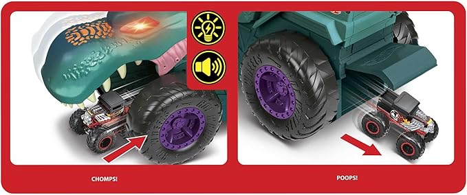 Hot Wheels Monster Trucks Car Chompin' Mega-Wrex, Large Toy Monster Truck & Toy Car, Eats & Poops 1:64 Scale Vehicles, Lights & Sounds