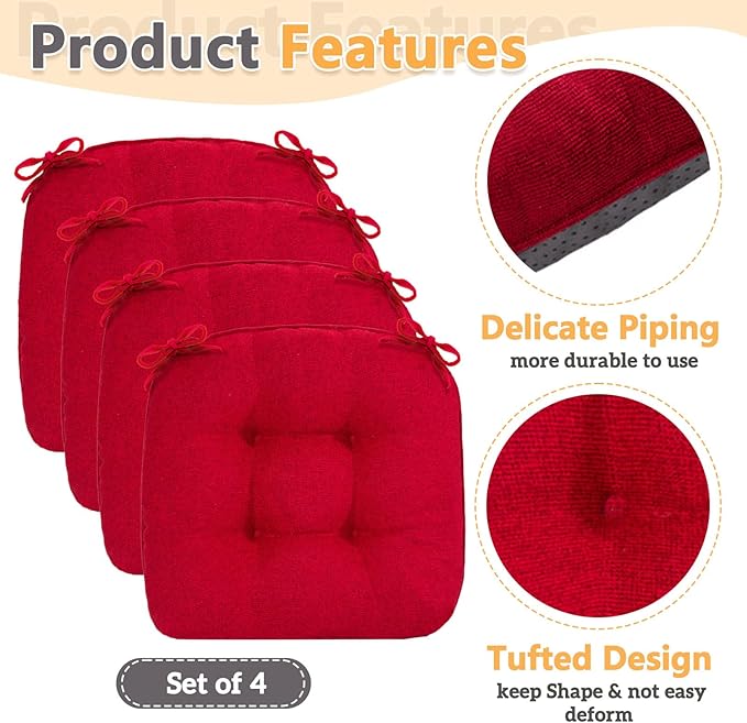 MAGIC ELEPHANT Chair Cushions for Dining Chair, Shredded Memory Foam Kitchen Chair Cushions Set of 4, Non-Slip Thick Dinning Room Chair Pads Seat Cushions, 15.5" x 15.5" x 4" (Red)