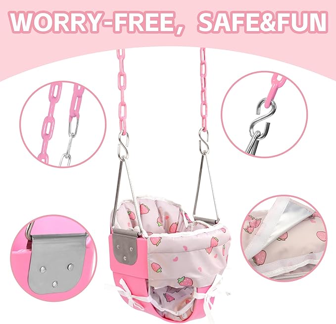 Take Me Away Pink Swing Seat - Heavy Duty High Back Full Bucket Toddler Swing Seat Chain Plastic Coated Baby Swing Outdoor - Playground Swing Set Accessories Replacement
