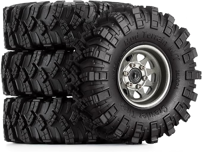 INJORA 1.0 Beadlock Wheel Mud Tires Set Deep Dish 1.0" Wheels Tires for 1/18 TRX4M Axial AX24 SCX24 Gladiator Deadbolt Bronco C10 JLU Upgrade Parts（Grey）