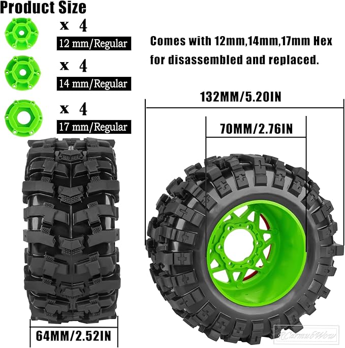 1/10 Scale RC Truck Tires,Wheels and Tires w/12/14/17MM Hex for Rustler Stampede Hoss,Arrm a Granite Vorteks Big Rock 3S,1/10 Off Road Tires Rubber Truck Tyres w/Foam Insert,Green w/Red