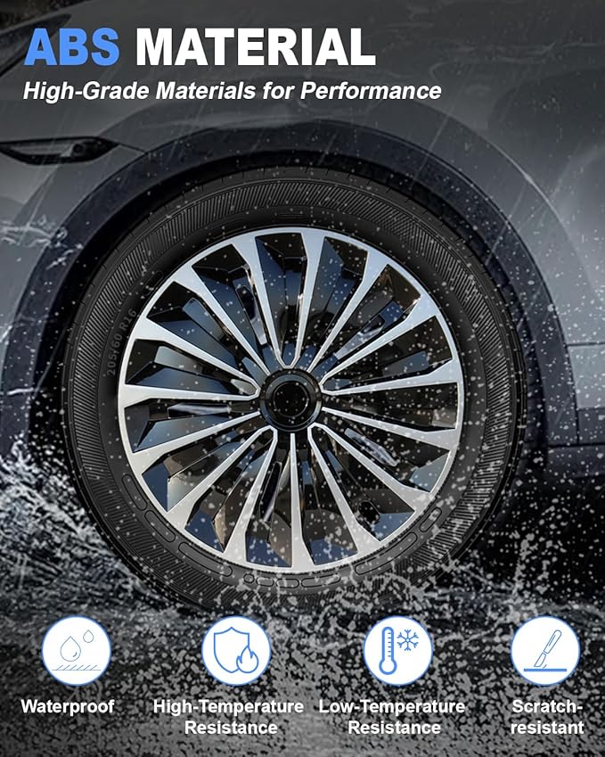 ABX Hubcaps,16 inch hubcaps Set of 4, Wheel Rim Cover ABS Material, Snap On Car Truck SUV Replacement, for Toyota Camry Nissan Mazda etc, Black&Silver
