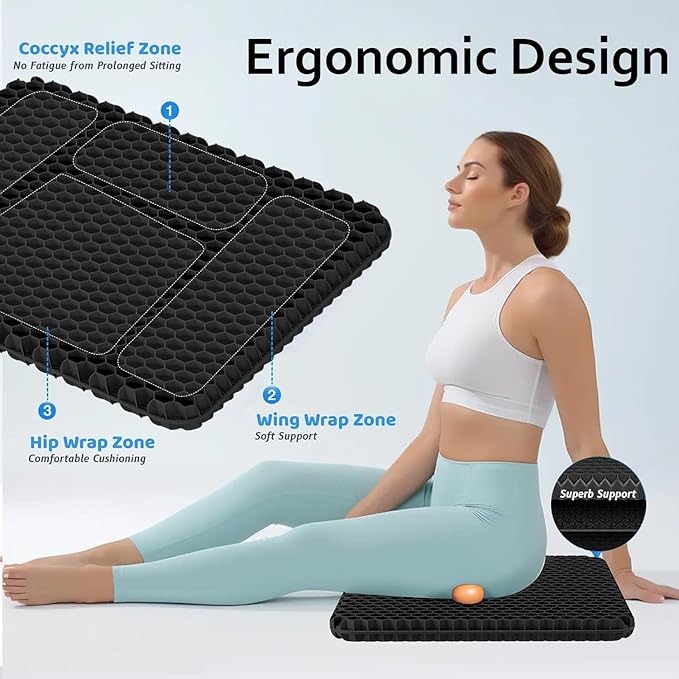 Gel Seat Cushion, Jumbo&Thick Gel Cushion with Non-Slip Cover for Home Office Car Seat Wheelchair, Soft Breathable Honeycomb Chair Pads for Relieve Hip Pain, Black 20x20x1.9inch