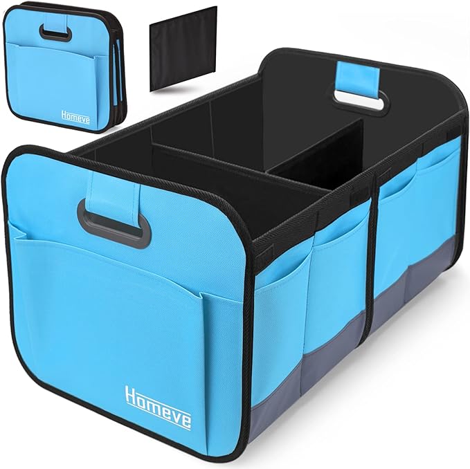 Homeve Trunk Organizer, Car Storage, Reinforced Handles, Collapsible Multi-Compartment, Foldable, Waterproof, Sturdy, 600D Oxford Polyester For Car, SUV, Mini-Van, Blue, 2 Compart