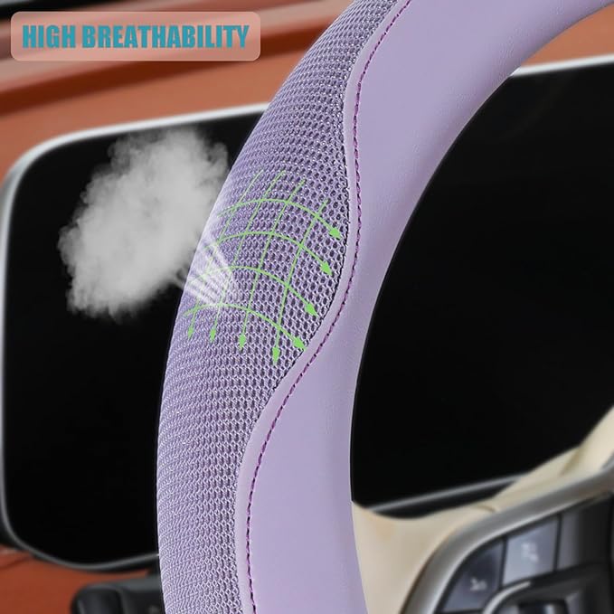 Nappa Leather Purple Steering Wheel Cover, Advanced Microfiber Leather Non-Slip Breathable Fabric, Warm in Winter and Cool in Summer, Universal 15 inch