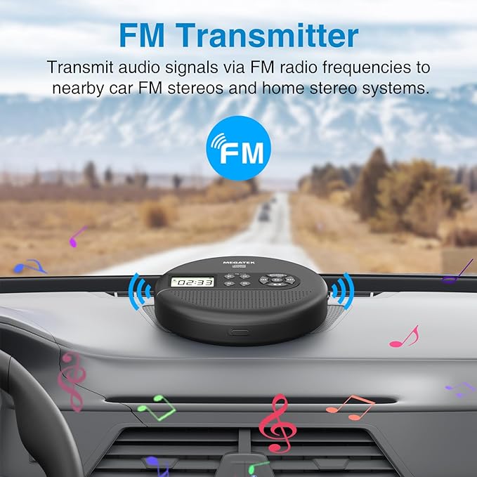 MEGATEK CP27BR Portable CD Player Bluetooth for Car with FM Transmitter, USB, AUX, LCD Display, Anti-Skip, Stereo Speakers, Headphones & Rechargeable Battery – Black