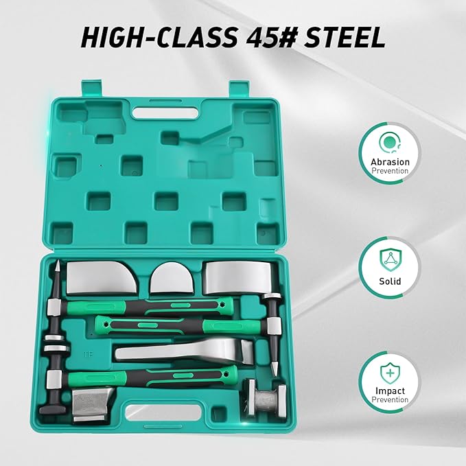 9pcs Dent Repair Kit with Carrying Case, Professional Auto Body PDR Tools with 45# Steel Hammers & 6 Lining Irons for Car Body Fender Door Panel Repair.