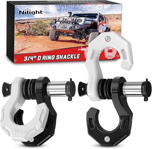 Nilight 2 Pack 3/4" D-Ring Separate Shackle with 7/8" Lock Pin 45,000 lbs Break Strength, Off Road Recovery Shackle with Isolators Washers for Use with Tow Strap, Winch, Truck Vehicle (Black&White)
