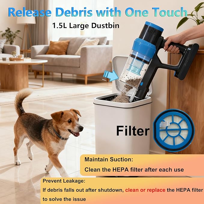 Cordless Stick Vacuum Cleaner: 45kPa Powerful Suction & 60Min Runtime, Self-Standing with Green Light & Anti-Tangle Brush, Rechargeable Lightweight Vacuum for Home Pet Hair on Carpets and Hard Floors