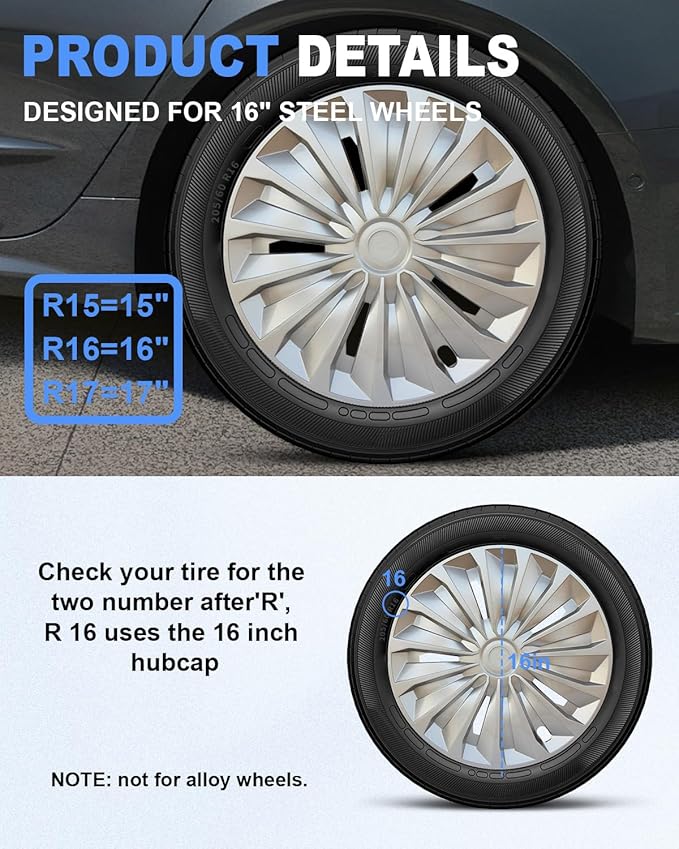 ABX Hubcaps,16 inch hubcaps Set of 4, Wheel Rim Cover ABS Material, Snap On Car Truck SUV Replacement, for Toyota Camry Nissan Mazda etc, Silver