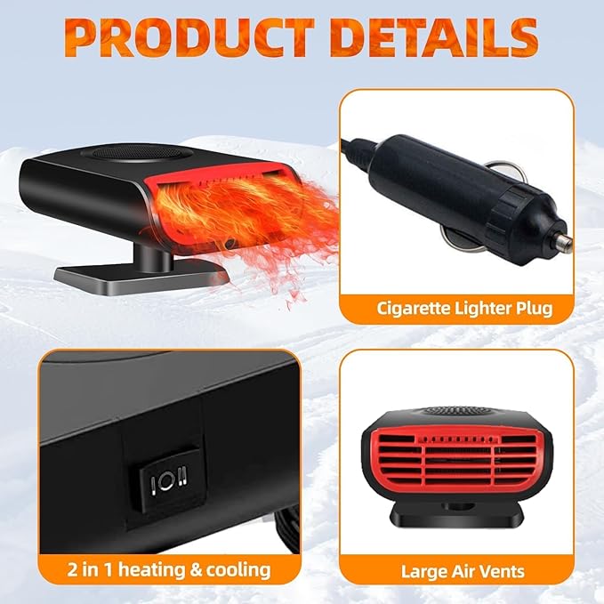 Car Heater, 12V 150W 2026 Upgrade 2-in-1 Portable Defroster & Defogger, Fast Heating & Cooling Fan for Windshield, Plugs into Cigarette Lighter for Car, Truck, RV