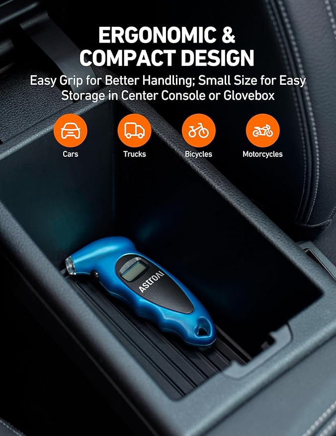 AstroAI Digital Tire Pressure Gauge 0-150PSI Calibrated to ANSI B40.7 +/-1PSI, Accurate in 0.1 Increments, 4 Units for Car Truck Bicycle with Backlight LCD, Blue