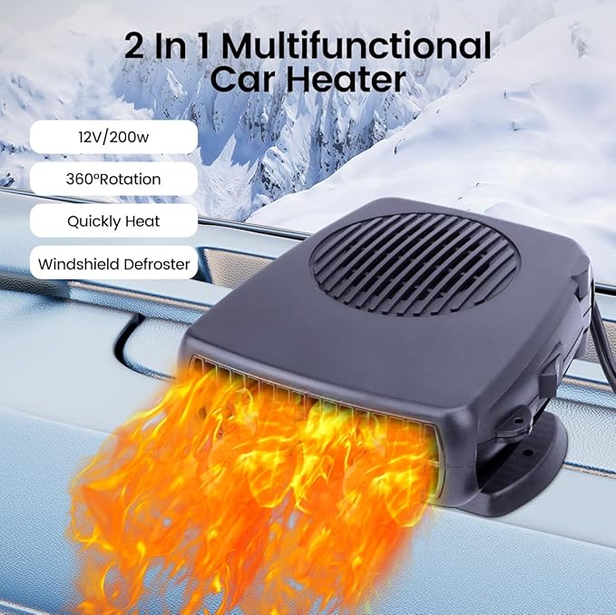 12V Car Heater,200W Portable Windshield Defogger and Defroster Fast Heating & Cooling Fans with Cigarette Lighter Plug(Black)