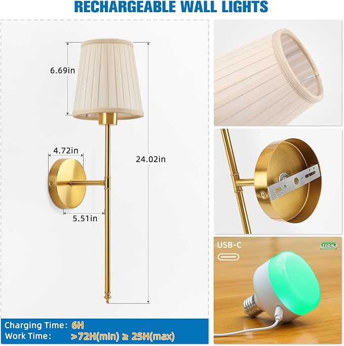 NIORSUN Battery Operated Wall Sconce Set of 2,Beige-Gold Rechargeable Wall Lights with 10400mAh Dimmable Bulbs and Remote, 9 Colors Wireless Wall Lamps for Bedroom Living Room Hallway