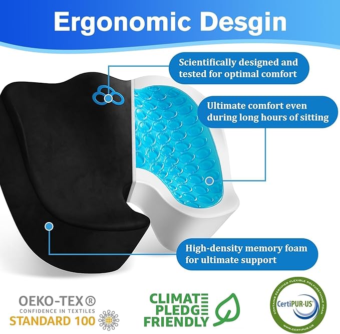 CushyOasis Seat Cushion, Gel Chair Cushions, Office Chair Cushions, Anti-Slip Bottom & Removable Cover Tailbone Pain Relief Cushion, Memory Foam Seat Cushion for Office, Wheelchair, Car (Black)