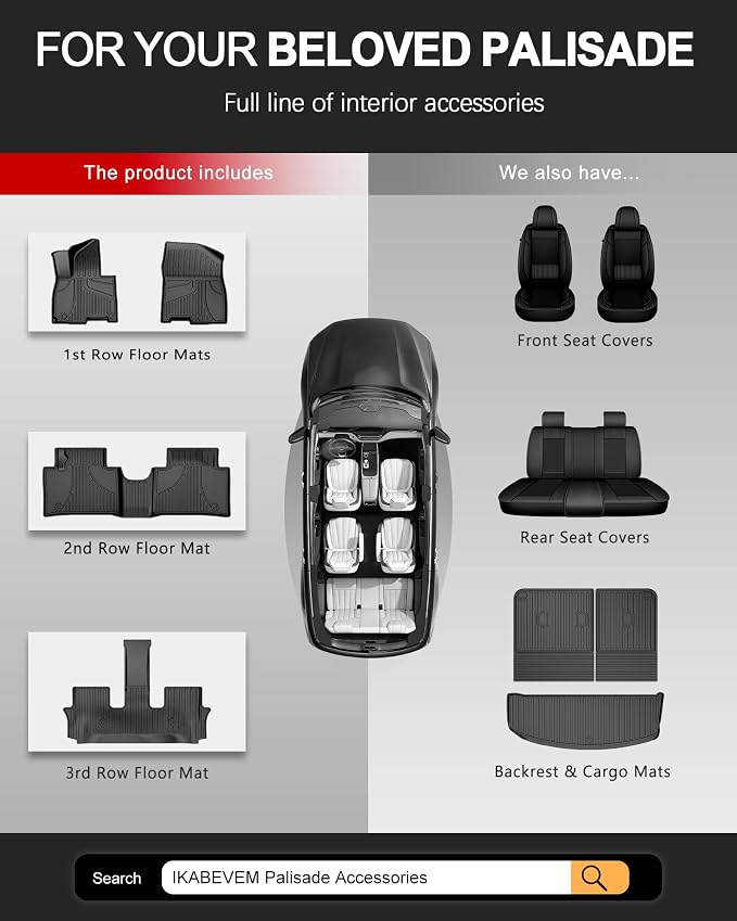 Floor Mats Compatible with 2026 Hyundai Palisade 7/8 Seats Gasoline (Not Hybrid)- Custom Fit TPE Anti-Slip Floor Lienrs - All Weather Floor Mats for Palisade 2026 Accessories Black