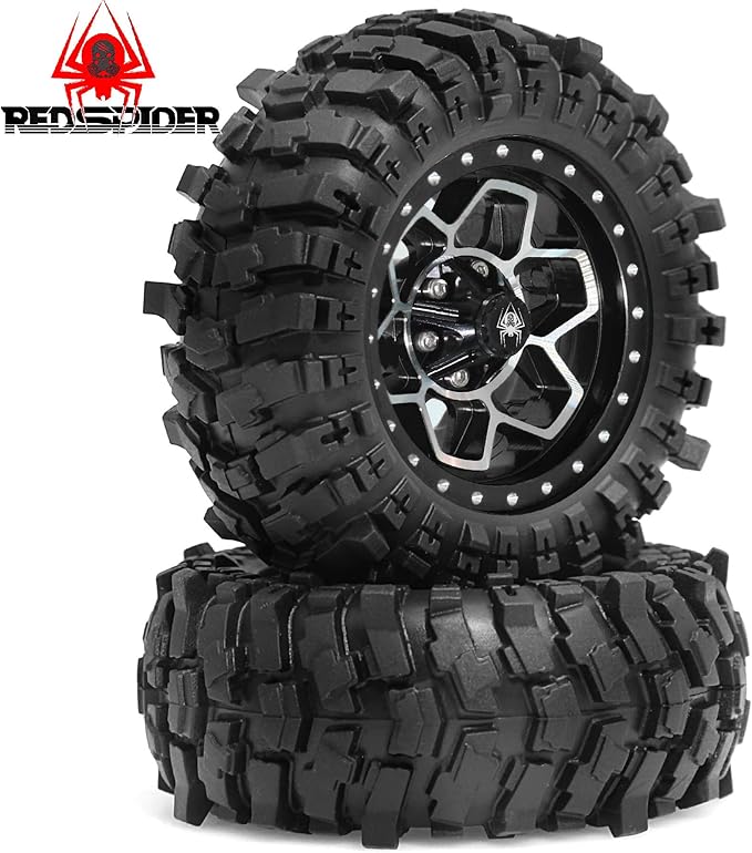 REDSPIDER Metal 1.9'' Beadlock Wheels and Crawler Tires OD 88MM/3.46'' (4PCS) for 1/12 RC Crawler MJX H12Y+ MN-128 MN82S LC79 ﻿ (Black)